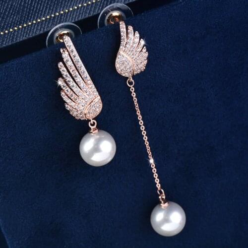 KIOOZOL Crystal Angel Wings Pearl Pendant Rose Gold Silver Color Earrings For Women Wedding Party Jewelry Accessories 278 KO2