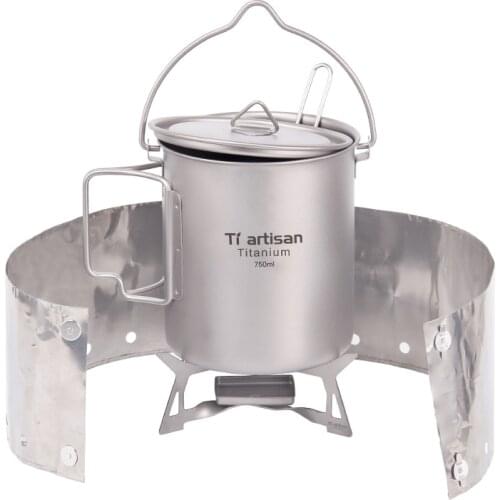 Tiartisan outdoor camping stove mini Alcohol stove 750ml titanium pot with foldable Spork and windwhield/windscreen 4pcs for BBQ