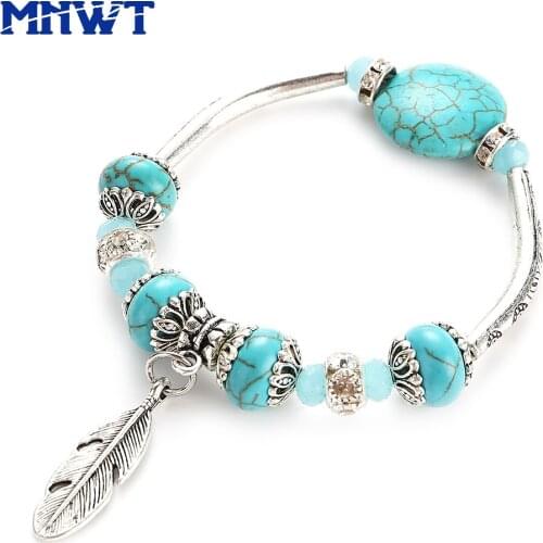 MNWT Vintage Turquoises Beads Women Bracelet Beaded Bracelets Green White Womens Bangles Fashion Ethnic Jewelry Pulseras Mujer