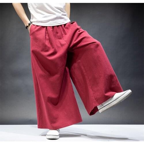 Japan Style Men Cotton Linen Long Pants Wide Legs Loose Trousers Fashion Solid Male Casual Pants Pantalon Plus Size M-6XL 7XL