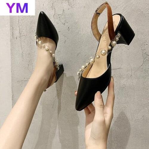 2021 Women Sandals Pointed Toe Pearls High Heels Slip-on Sexy Ladies Dress Party Shoes Ankle Strap Pvc Strange Style Transparent