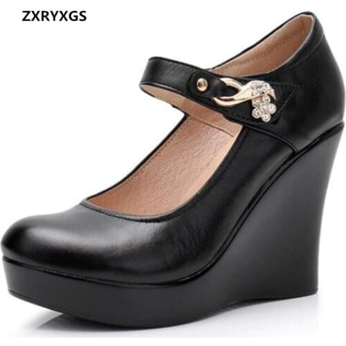 2021 New Autumn Rhinestone Cowhide Black Leather Shoes Women Pumps Shoes Wedges Cheongsam Catwalk Shoes High Heels Womens Shoes