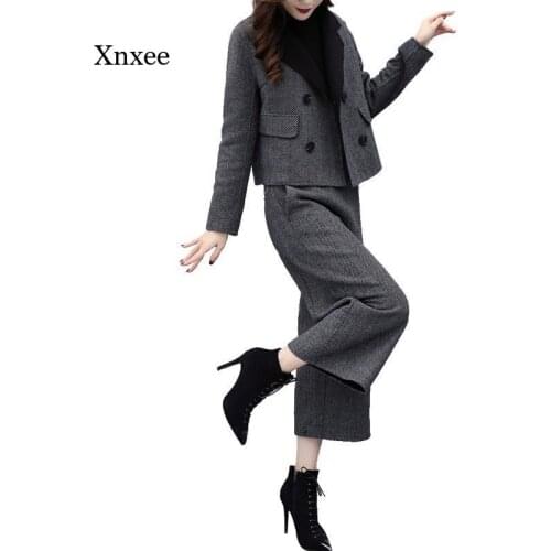 2021 Womens Fall/winter 2-Piece High-Waist Wide-Leg Pants Suit Tweed Retro Elegant Suit Jacket + Trousers Suit