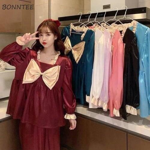 7 Colors Pajama Sets Women Bow Ruffles Korean Style Chic Trendy Romantic Tender Ulzzang Leisure Cute Teens Female Clothing Girl