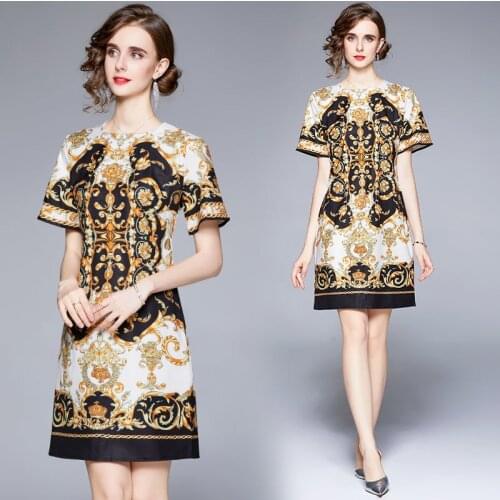 Vintage Runway Floral Dress Summer Women Short Sleeve Baroque Gold Print Mini Casual Vestidos
