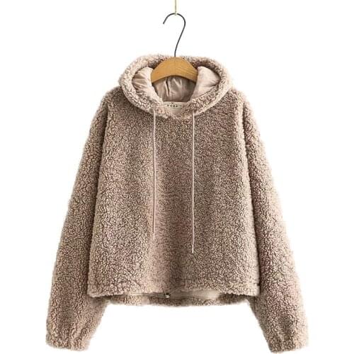Winter Harajuku Hoodies Women Korean Cute Hooded Sweatshirts Lamb Hair Granular Plush Loose Solid Color Pullovers 2011704