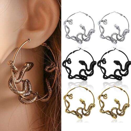 1Pair Personality Gothic Cool Punk Antique Animal Black Snake Earrings Crazy Twining Snake Hoop Statement Earrings Party Jewelry