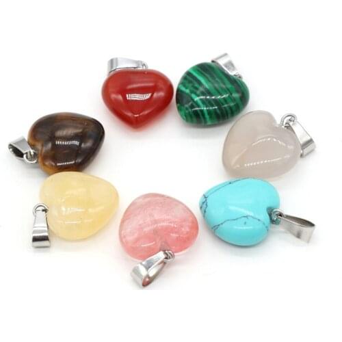 16x16mm Heart Natural Stone Pink Quartz Crystal Turquoises Tiger Eye Opal Charms Pendant DIY Jewelry Making Necklace Accessories