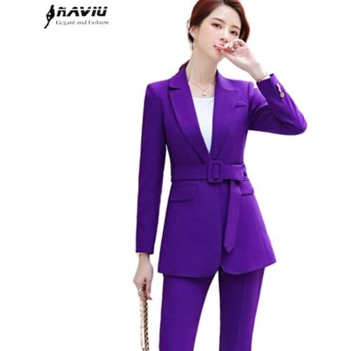 Purple Belt Women Winter Suit Slim Temperament Long Sleeve Blazer and Pants Office Ladies Fashion Business Work Wear