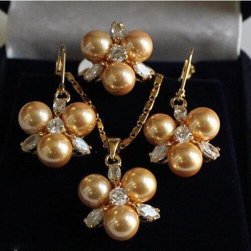 Hot selling good***** Rare 8mm Yellow South Sea Shell Pearl Earrings Ring & Necklace Pendant Jewel Set