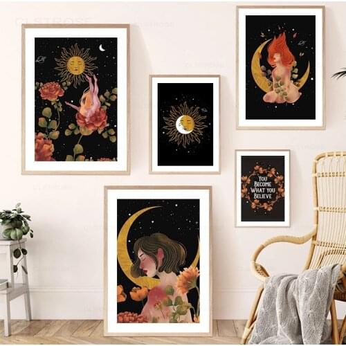 Boho Cartoon Girl Flower Wall Art Canvas Painting Nordic Posters and Prints Wall Pictures for Living Room Home Decoration