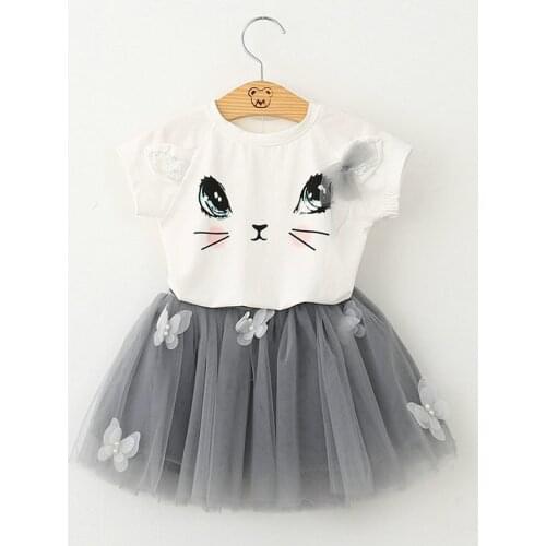 New Fashion Bebe Girls Clothes Cotton Top with Cat Pattern and Chiffon Tutu with Tutu Skirt Fashion Children Clothing Set