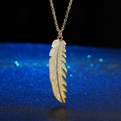 New Fashion womens vintage long necklace jewelry gold simple zircon feather pendant necklaces colar Jewelry gifts