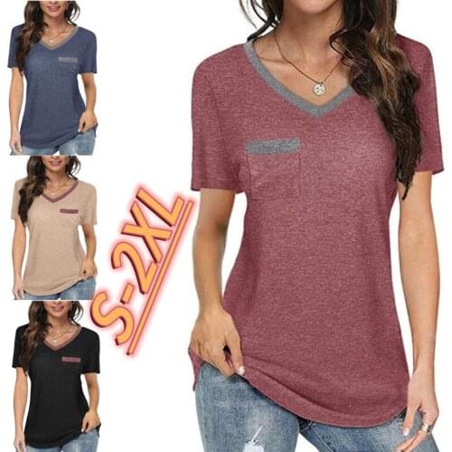 Solid Color T-shirt Summer Womens Top Matching V-neck Pocket Tops Loose Cotton Fashion T-shirts Womens Casual Short-sleeved Tops