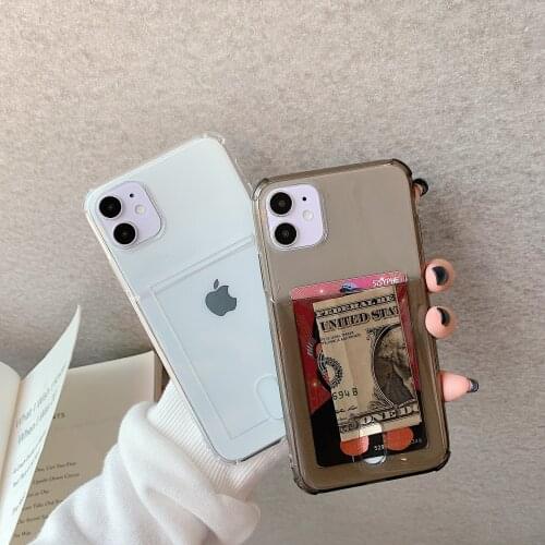 Transparent Card Holder Phone Case For Apple iPhone 11 Pro 12 Max 8 Mini Plus 7 6 XS XR SE Clear Solid Color Credit Slot Bumper