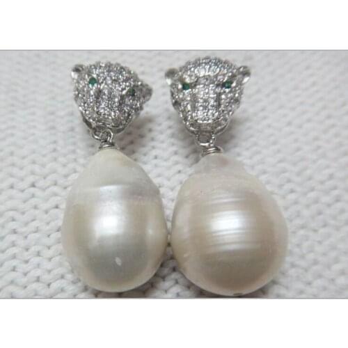 PAIR ABOUT 18.239x14x12MM ENORMOUS WHITE KASUMI FW BAROQUE PEARL EARRING 925 silver