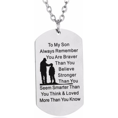 Inspirational Dog Tag Pendant Necklace Stainless Steel To My Son You Are Braver Stronger Smarter Family Boys Kids Jewelry Gift