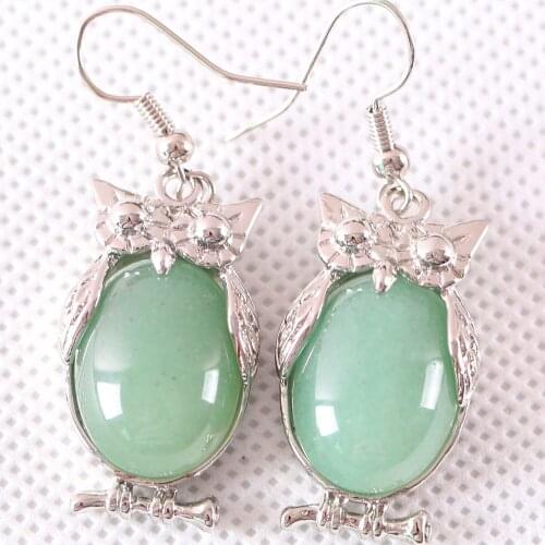 Jewelry Gift for Women Dangle Earrings Natural Green Aventurine Oval CAB Cabochon 16x28MM Animal Owl Earring 1Pair U093