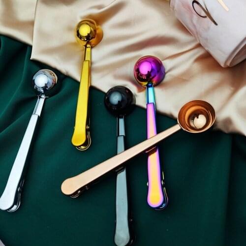 Two-in-one Stainless Steel Coffee Spoon Sealing Clip Kitchen Gold Accessories Recipient Cafe Expresso Cucharilla Decoration