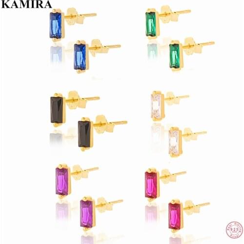 KAMIRA 925 Sterling Silver Romantic Geometric Smooth Square Colorful Zircon Stud Earrings for Women Elegant Simple Goth Jewelry