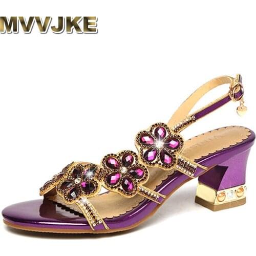 MVVJKE Fashion Rhinestone Sandals Women Slippers Fish Mouth Diamond Summer Sandals Thick High Heels Female Sandals Thick Heel