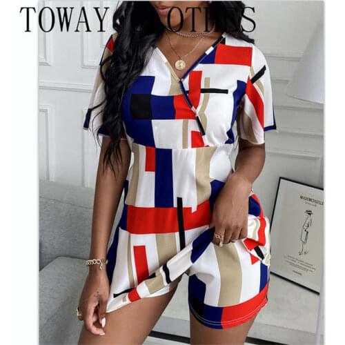 Women Summer Plaid Grid Colorblock Short Sleeve V-Neck Top & Shorts Set Chiffon 2PC Set
