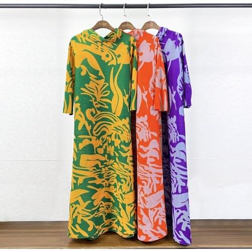 2021 Spring Miyake Pleated dress Long turtle neck women abaya dubai Vintage Overall floral indie print dress aesthetic clothes