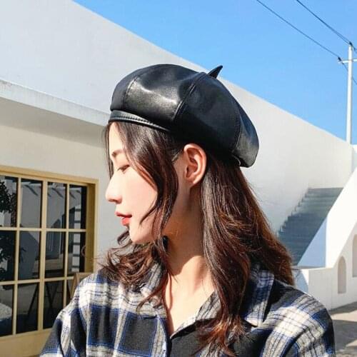 Newest winter girl female soft faux leather beret hat Lady black Round pumpkin hat women casual Artist berets caps