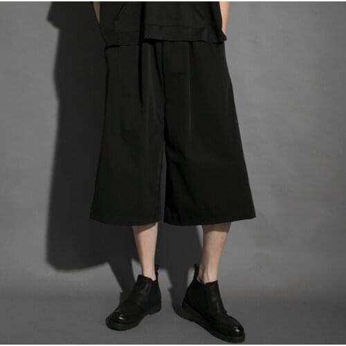 Summer dark mountain style personality tide brand elastic waist casual extra wide flared trousers cropped trousers men