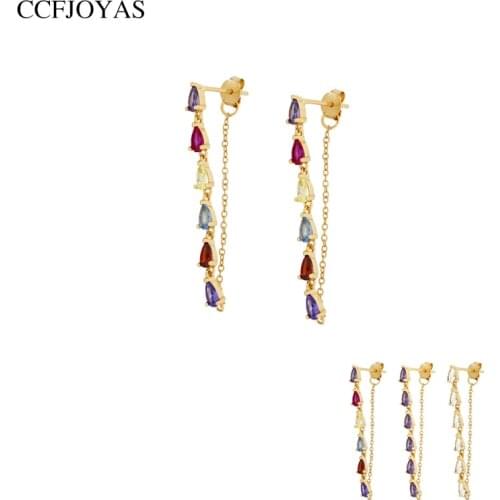 CCFJOYAS 925 Sterling Silver Drop water Chain Earrings for Women Rainbow/White/Purple color Zircon Gold Earrings Fine Jewelry
