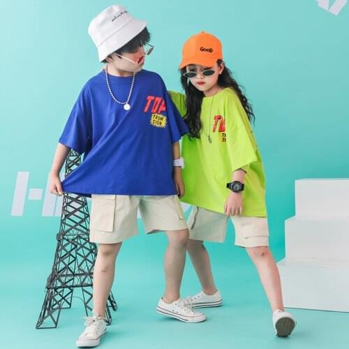 Girls Boys Jazz Dance Costume Oversized T Shirt Children Hip Hop Clothing Cotton Shirts Pants for Ballroom Dancing Clothes Wear