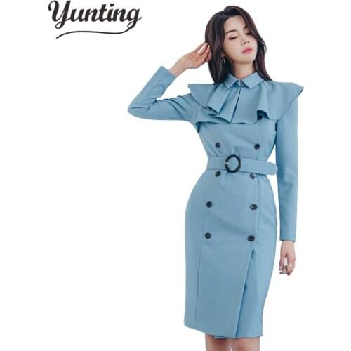 Double-breasted Sheath Pencil Bodycon Dress Women Winter Suits Dresses OL Office Wear Business Vestidos
