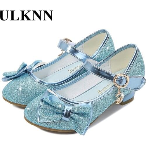 ULKNN Girls Leather Shoes Butterfly Knot High-Heel Shiny Crystal Shoes Kids Leather Shoes Childrens Single Shoes Slver Pink