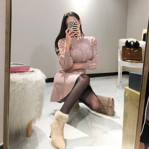 Fashion High Elasticity Spring Sweater Dress Women Warm Female Dresses round neck Knitted Elegant Lace Korean Lady Vestidoes