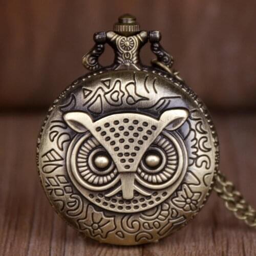 Bronze Night Owl Design Quartz Pocket Watches Antique Vintage Pocket Watch with Necklace Chain Men Dropshipping relogio de bolso