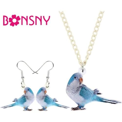 Bonsny Acrylic Jewelry Set Cute Blue Monk Parakeet Necklace Earrings Fashion Bird Pendant For Women Girls Lovers Gift NE+EA