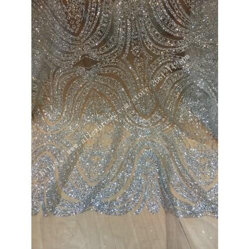 New design glued glitter sequins lace fabric high quality African French net tulle Lace Fabric for wedding party dress