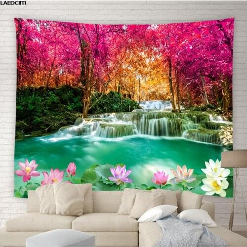 Landscape Scenery Tapestry Red Maple Forest Waterfall Lotus Flower Plant Nature Photography Background Wall Hanging Home Decor