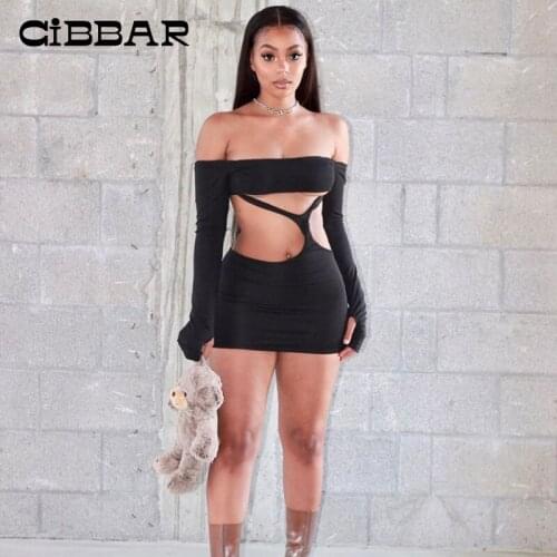 CIBBAR Solid Hollow Out Dresses Women Long Sleeve Slash Neck Mini Dress Female Sexy Party Wear Casual Backless Basic Streetwear