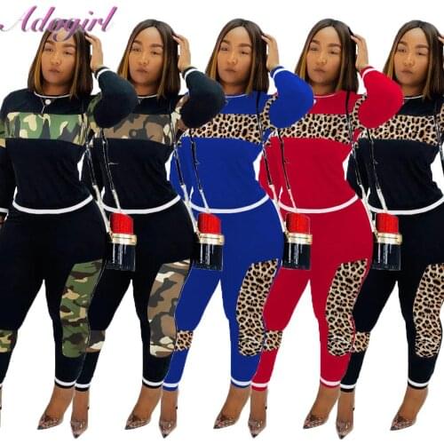 Spring Leopard Print Splicing Women Set Casual Long Sleeve O Neck Sweatshirt Tops Tee Pencil Pants Suit Two Piece Set Tracksuit