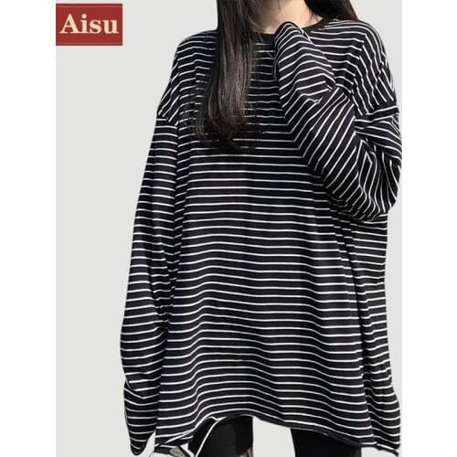 Spring black stripe T Shirt Women Tops O-neck full Sleeve Female T-Shirts Streetwear Oversized casual long Top T-Shirt female