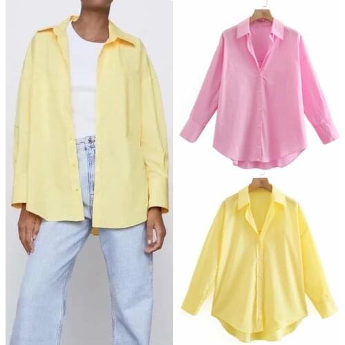 Spring 2021 Za Top Woman Pink Button Up Shirts Women Casual Asymmetric Fashion Yellow Long Sleeve Office Female Casual Blouses