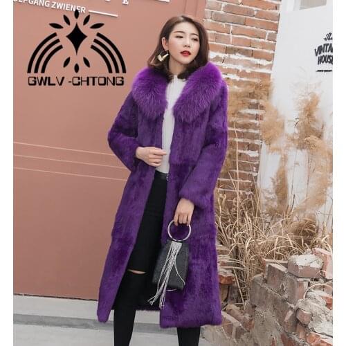 New genuine real natural rabbit fur coat with fox fur collar women fashion long jacket ladies warm overcoat