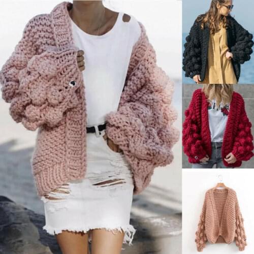 Women Chunky Wide Knitted Cardigan Bobble Bubble Sleeve Open Front Jumper Sweater Ladies Jacket Knitwear Coats