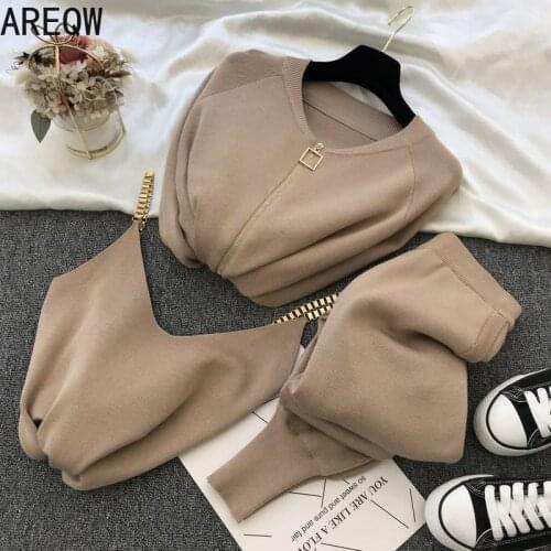 2021 spring Autumn Sweatsuits New Ins Sweet Chain Vest Knitwear + Elastic Pants Three-Piece Set Women Three Piece Outfits