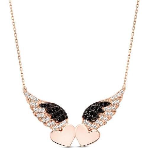 925 Sterling Silver Rose Plated Women Necklace with Double Heart Wing Design
