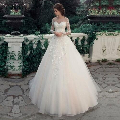 White Ivory Long Sleeve A Line Wedding Dresses Lace Appliques Bridal Gowns Wedding Dress Custom Made Vestido De Novia