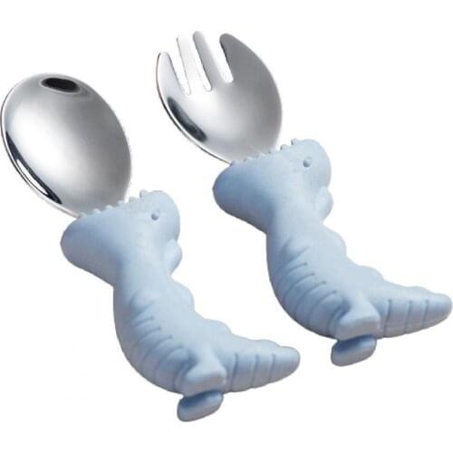 2Pcs/Set Infant Tableware Cartoon Dinosaur Portable Stainless Steel Baby Feeding Spoon Fork Set Solid Feeding Utensils