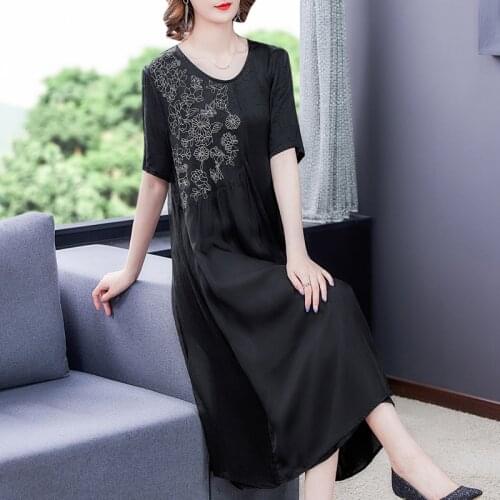2021 Loose Black Embroidery Mulberry Silk Dresses Summer Casual Vintage 4XL Plus Size Midi Dress Elegant Women Bodycon Vestidos
