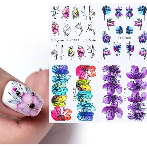 4pcs Floral Water Nail Decal and Sticker Geometric Lines Seahorse Watercolor Flower Nail Art Tattoo Transfer Slider SASTZ880-902